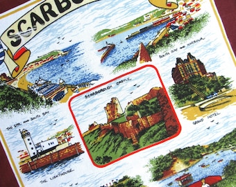 Vintage Tea Towel: Scarborough, North Yorkshire, England, Illustrated Souvenir, 80s, 1980s, Clive Mayor (Printing Error)