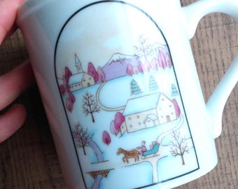 Vintage Winter Mug with Lid: Country Seasons, Ceramic, Japanese, Seasonal Holiday Decor, 80s, 90s, Cottagecore