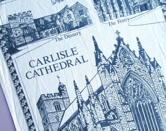 Vintage Tea Towel: Carlisle Cathedral, Cumbria, Blue, White, Souvenir, English Kitchen Decor, Unused