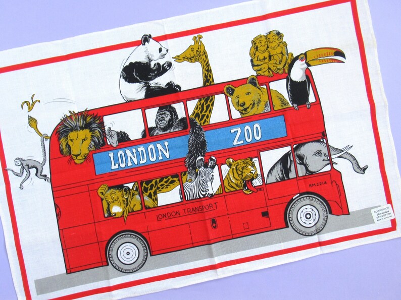 Torchon vintage: Zoo de Londres, animaux à bord d'un bus à impériale rouge, souvenir, torchon, rare, années 60 ou 70, inutilisé, lin et coton image 2