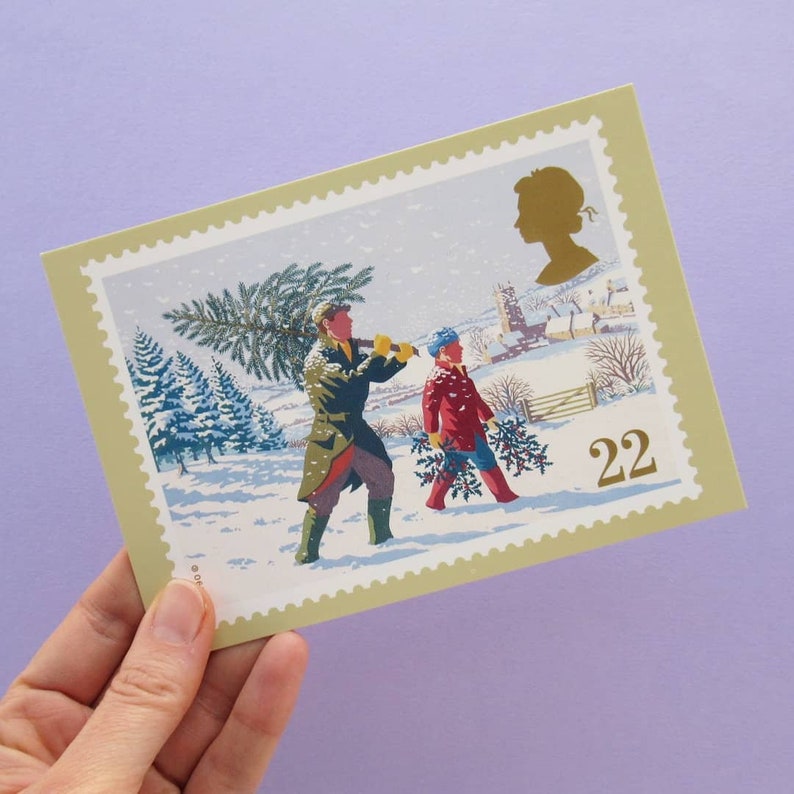 5 Postcards: Christmas Scenes, Unused Vintage Postcards, Christmas card set, art, winter, snowmen, retro Xmas, card set, carol singers, snow image 3