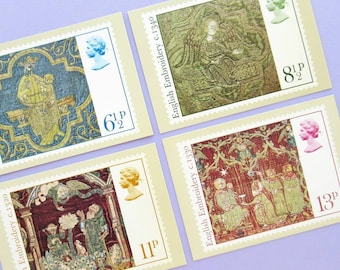 4 Vintage Postcards: Medieval Embroidery, Set of Unused Vintage Postcards featuring British postage stamps, Royal Mail, textile lover gift