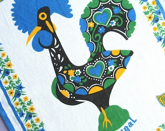 Vintage Portugal Tea Towel: Folk Art Cockerel, Blue Kitchen Decor, Portuguese, Unused, Retro