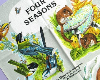 Vintage Tea Towel: Four Seasons, British Wildlife, Birds, Animals, Plants, Nature, Seasonal Decor, Cotton, Illustrated