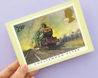 5 Postcards: Famous Trains, unused vintage, Royal Mail stamps, art, PHQ card set, trainspotter gift idea, trainspotting, the Flying Scotsman