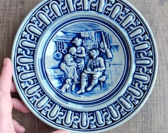 Vintage Plate by Simon Peter Gerz, blue, grey, German stoneware, decorative, traditional, wall plate, home decor, ceramic, cottage scene