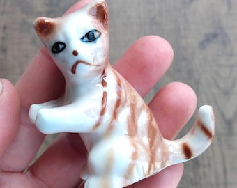 Vintage Tabby Cat Ornament, Ceramic Animal Figurine, Hand Painted, Cat Lover Gift