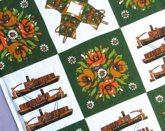 Vintage Tea Towel: Canal Boats & Traditional Painted Floral Canalware, British Folk Art Decor, Kitchen, Canals, Green, Orange