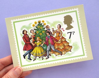 4 Vintage Postcards: Christmas 1978, unused festive postcard set, carol singers, illustrated Christmas cards, 70s, Royal Mail, PHQ card set