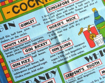 Vintage Tea Towel: Cocktail Recipes, Retro Bar Decor, Gin, Brandy, Whisky, Vodka Cocktails