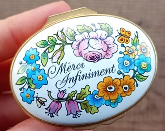 Vintage Halcyon Days Enamel Box, Merci Infiniment, Floral, Oval, Hinged Lid