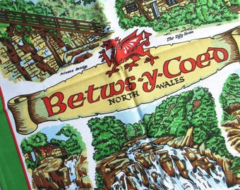 Vintage Tea Towel: Betws-y-Coed, North Wales, Unused Welsh Souvenir, Illustrated, Cotton