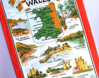 Vintage Wales Souvenir Tea Towel: Welsh Map, Cotton