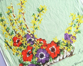 Vintage Irish Linen Tea Towel: Julia Clements Floral Arrangement, 1960s, Kitchen Decor, Retro, Flowers