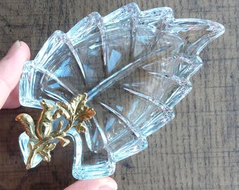 Vintage Crystal Leaf Trinket Dish: Gold Squirrel & Acorn Decor