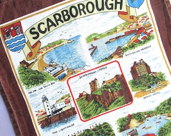 Vintage Tea Towel: Scarborough, North Yorkshire, England, Souvenir, Retro Kitchen Decor, Used, Cotton, Clive Mayor