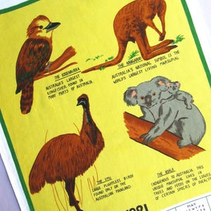1991 Australian Wildlife Calendar Tea Towel, vintage Australia souvenir, 90s, cotton, kookaburra, kangaroo, emu, koala (marks & fraying)