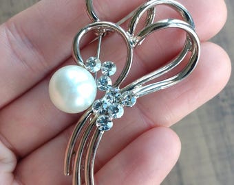 Vintage Brooch, Abstract Costume Jewellery, Curves, Faux Pearl, Diamante, Silver Tone