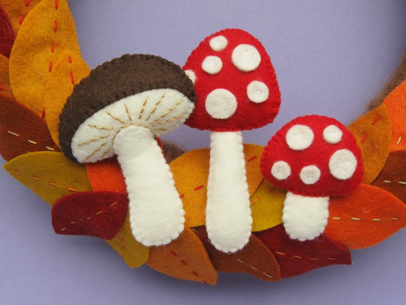 Felt Autumn Wreath Tutorial PDF, felt toadstools, felt fungi, autumn leaves, DIY, sewing, craft, indoor 30cm wreath, how to, PDF pattern image 3