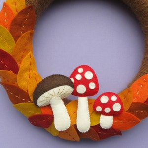 Felt Autumn Wreath Tutorial PDF, felt toadstools, felt fungi, autumn leaves, DIY, sewing, craft, indoor 30cm wreath, how to, PDF pattern image 2