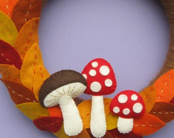 Felt Autumn Wreath Tutorial PDF, felt toadstools, felt fungi, autumn leaves, DIY, sewing, craft, indoor 30cm wreath, how to, PDF pattern