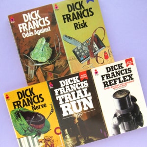 5 Dick Francis thrillers, vintage Pan paperbacks, paperback book bundle, 70s, 80s, fiction, Odds Against, Risk, Nerve, Trial Run, Reflex image 1
