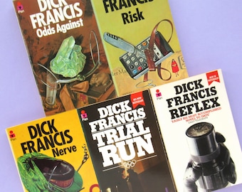 5 Dick Francis thrillers, vintage Pan paperbacks, paperback book bundle, 70s, 80s, fiction, Odds Against, Risk, Nerve, Trial Run, Reflex