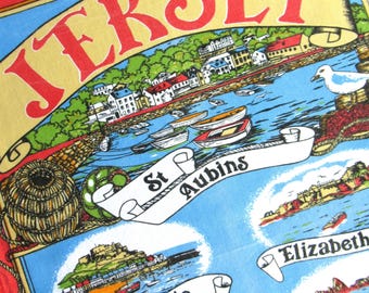 Vintage Tea Towel: Jersey, Channel Islands Souvenir, Retro Travel, Kitchen Decor, Illustrated, 80s, 1980s, Cotton