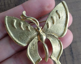 Vintage Gold Tone Butterfly or Moth Brooch: Mid-Century Costume Jewelry, Stylised, 50s, 60s
