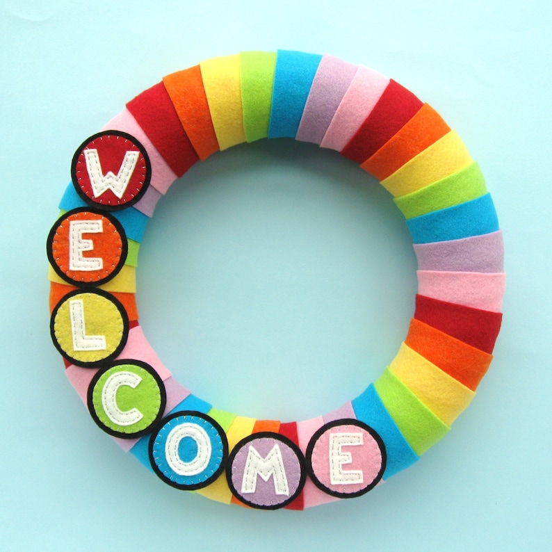 Rainbow PDF Welcome Wreath Tutorial, January, felt, DIY, sewing, craft, 30cm wreath, how to, colourful, indoor wreath, home decor, pattern image 1