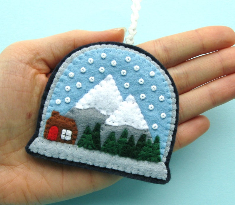 Snow Globe PDF Pattern by Laura Lupin Howard. Felt Christmas Ornament Sewing Tutorial & Embroidery Pattern, cute winter scene, snowglobe, tree decoration.