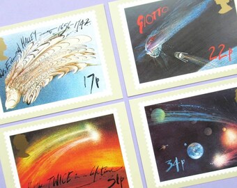 4 Postcards: Halley's Comet, unused, vintage illustrated by Ralph Steadman, astronomy gift idea, 1980s, stationery, postcard set, Royal Mail