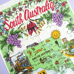 South Australia, vintage tea towel, retro souvenir teatowel, unused dish towel, linen, hand printed, 1960s, 60s, Australian gift idea