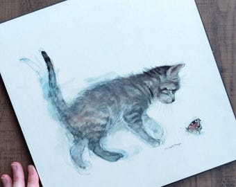 Mid-Century Kitten & Butterfly Print by Mads Stage: Danish Cat Art, Mounted on Board