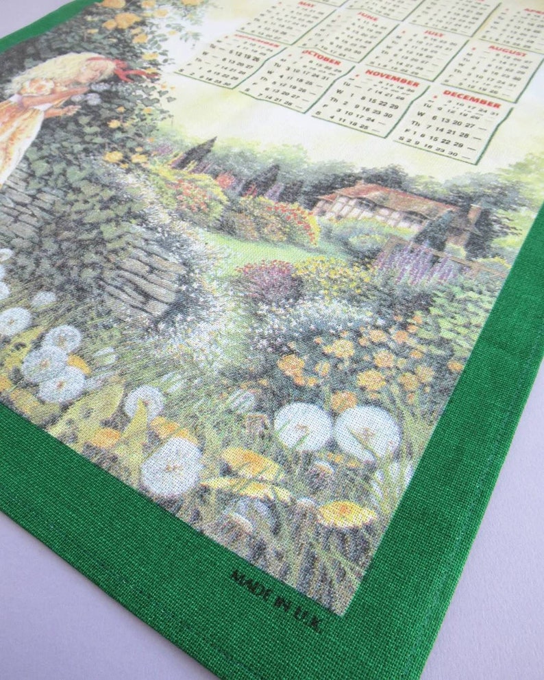 Vintage Tea Towel: 2000 Calendar, The People's Friend, girl blowing dandelion seeds in country cottage garden, retro calendar dish towel image 5