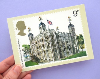 4 cartes postales : architecture britannique (bâtiments historiques), jeu de cartes postales anciennes inutilisées, cartes timbres-poste Royal Mail, années 1970, années 70, cartes PHQ