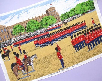 Vintage Tea Towel: Trooping the Colour at Horse Guards Parade, rare London, England, souvenir tea towel