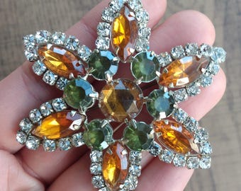 Large Vintage Brooch, Orange, Green, Sparkly, Silvertone, Costume Jewellery (clasp slightly loose)
