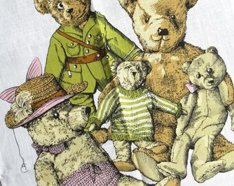 Vintage Tea Towel: Teddies in Trust, Teddy Bears, National Trust, Sudbury Museum of Childhood, Lee Kay, Irish Linen, New, Illustrated