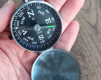 Vintage Pocket Compass, TC Japan, Japanese, with Locking Mechanism and Luminous Markers, Black Face, Metal Case, Untested