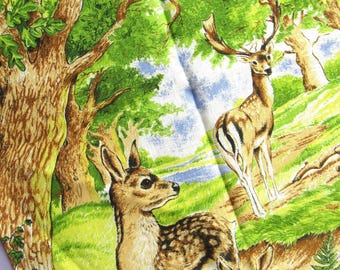 Vintage Tea Towel: Deer and Fawns in a Woodland Glade, World Wildlife Fund, Linen, New, Nature, Cottagecore