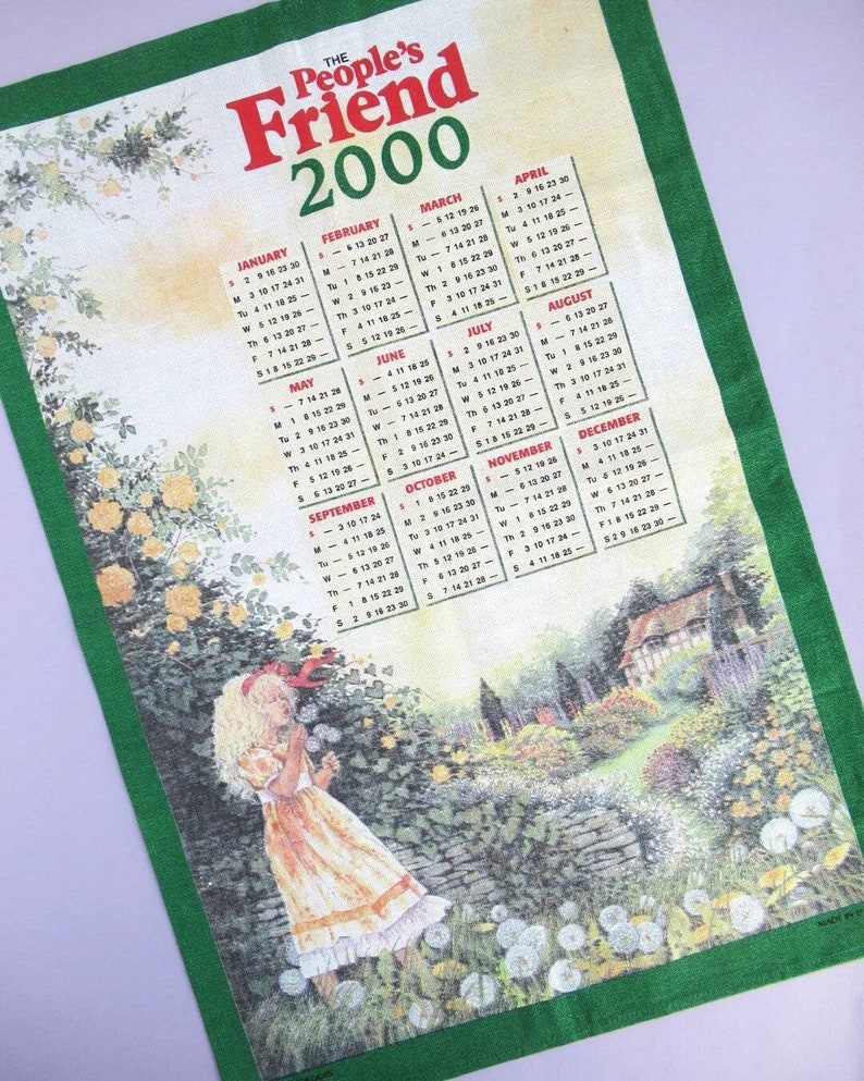 Vintage Tea Towel: 2000 Calendar, The People's Friend, girl blowing dandelion seeds in country cottage garden, retro calendar dish towel image 1