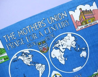 Vintage Tea Towel: The Mother's Union Centenary, Praise for a Century, 1976, 70s, 1970s, dish towel, linen, new, unused, Christian gift idea