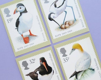 4 Postcards: RSPB Birds, unused vintage postcard set, British birds, 80s nature art, bird lover gift idea, Royal Mail postage stamp cards