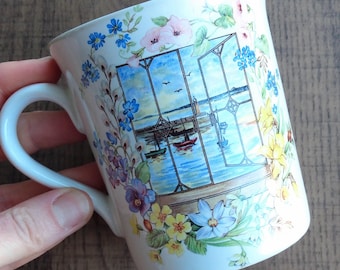 Vintage Mug, Harbour View and Wild Flowers, 80s, 90s, coastal decor, window, illustrated, floral, pretty, kitsch, cottagecore, kitchen decor