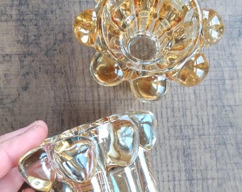 2 Vintage Bubble Glass Candle Holders: Mid-Century Orange Decor, Reims France