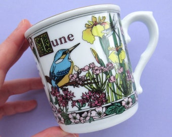 Vintage June Mug, Royal Worcester Months of the Year series, fine porcelain, Sue Scullard, 1990s, 90s, birthday month, summer gift idea