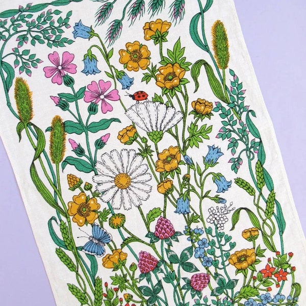 Vintage Tea Towel: Wildflowers by St Michael (Marks and Spencers), linen blend, floral, new, unused