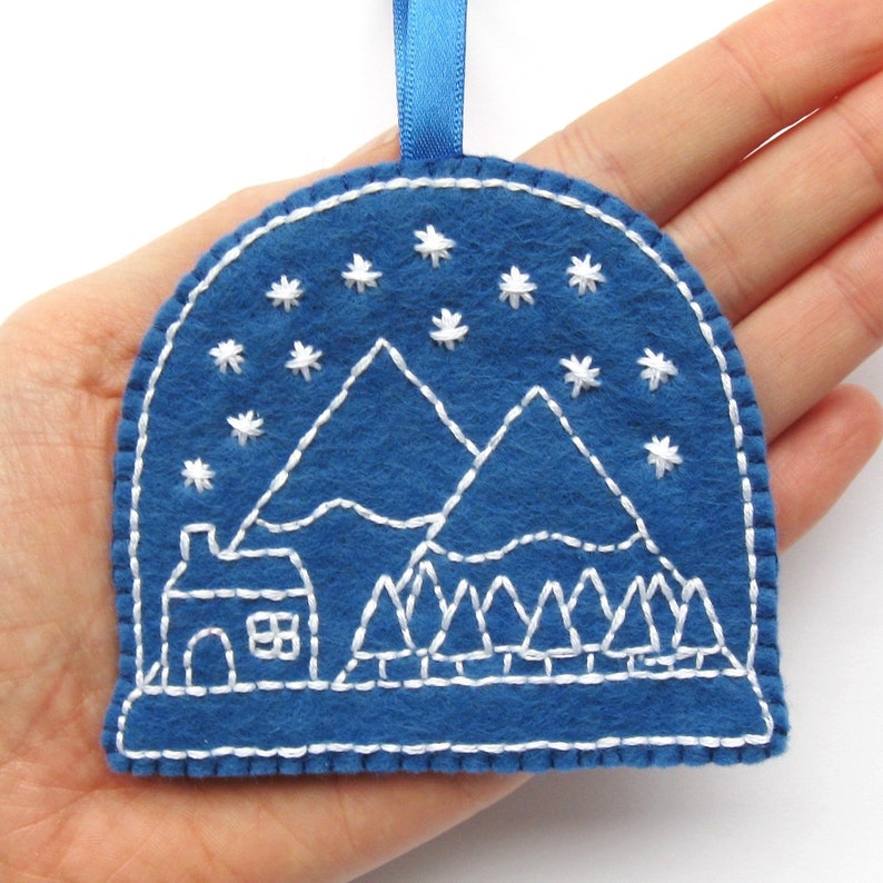 Snow Globe PDF Pattern by Laura Lupin Howard. Felt Christmas Ornament Sewing Tutorial & Embroidery Pattern, cute winter scene, snowglobe, tree decoration.