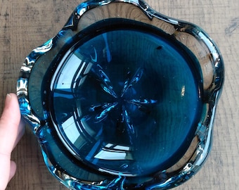 Vintage Art Glass Bowl: Mid-Century Modern Turquoise Decor, Blue, Decorative, Heavy, Retro, Coloured & Clear Glass